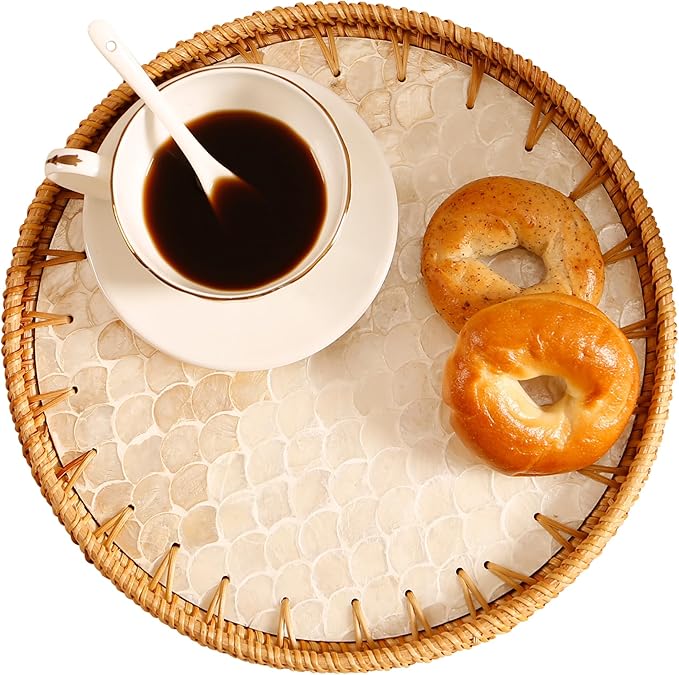 Round Rattan Tray with Mother of Pearl Inlay & Wooden Base - Decorative Wicker Serving Tray for Coffee/Bread/Fruits Display - Multipurpose Home Decor (M,Fish Scales)
