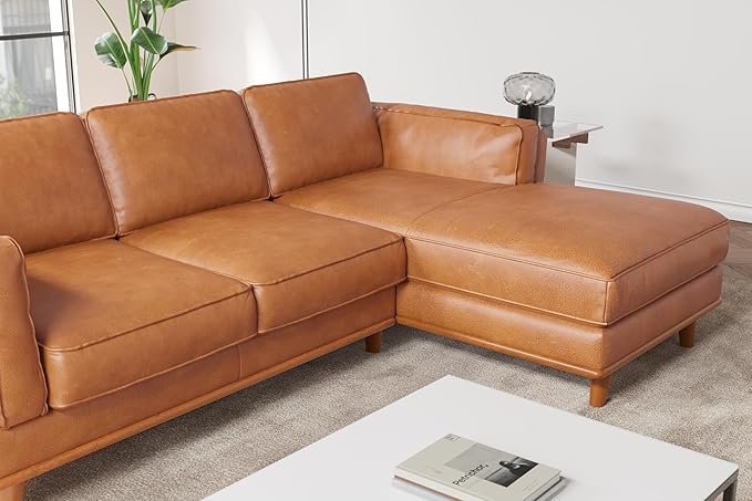 Valencia Artisan Full Leather Sofa Pure Italian Nappa Leather Couch with Ultimate Comfort Right Chaise Sectional, Cognac
