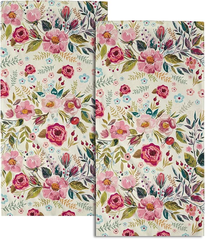 Pink Flower Hand Towels Peony Guest Dish Towels Absorbent Set for Kitchen Home Hot Pink Green Leaves 28.3x14.4