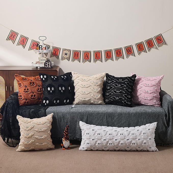 DFXSZ Halloween Pillow Covers 14x36 inch White Ghost Throw Pillow Cases Soft Plush Faux Fur Wool Cushion Case for Chair Bedroom Living Room Home Decor PTK03A14