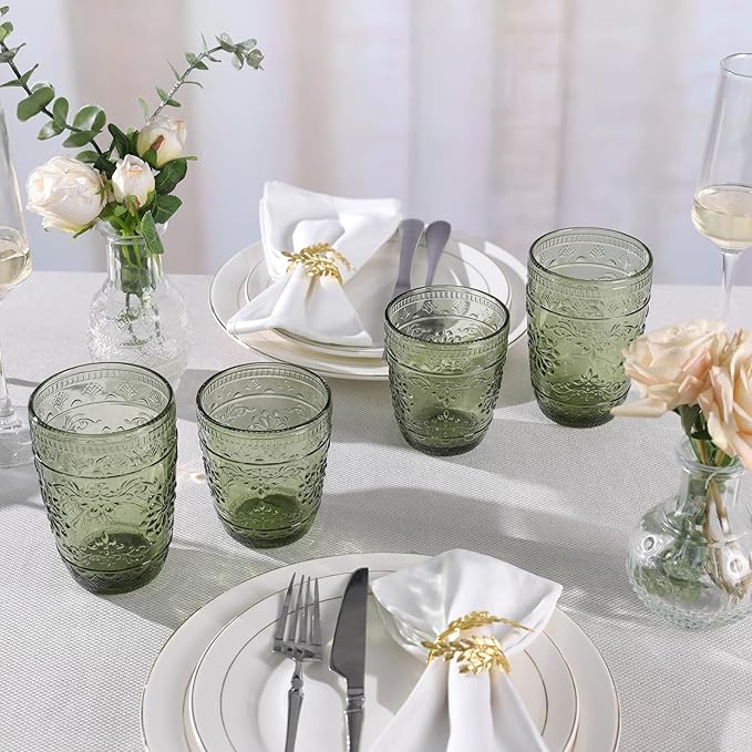 4Pcs Green Drinking Glassware, 10OZ Drinking Glasses, Heavy Duty Glass Cups, Colored Embossed Glasses Set for Party Wedding Home Office Glassesware Gift
