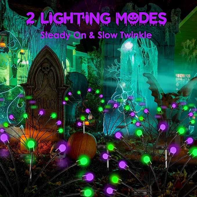 Halloween Decorations Outdoor Solar Pathway Lights, 6 Pack 48LED Solar Firefly Lights Green and Purple, Sway by Wind, Waterproof Solar Halloween Lights for Patio Garden Yard Lawn Horror Party Decor