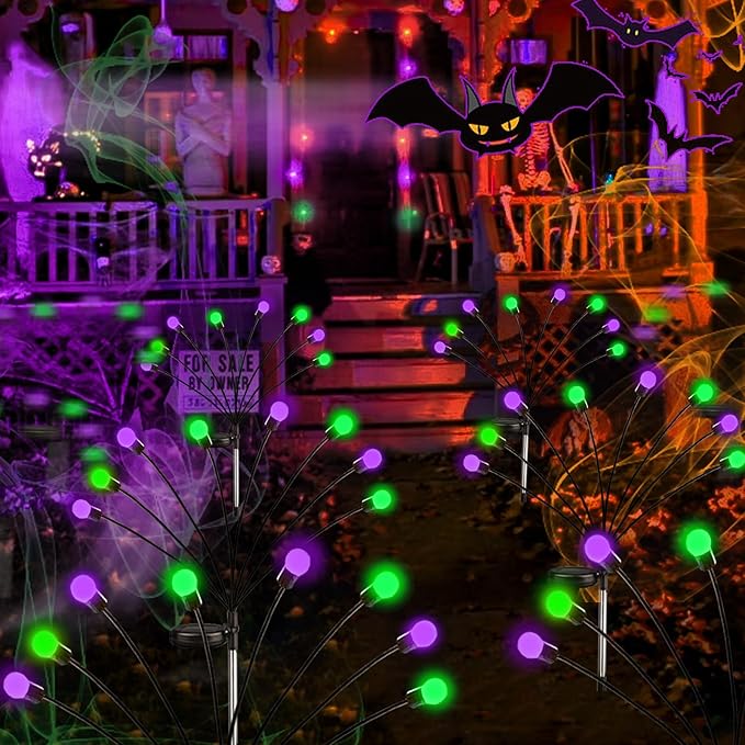 Halloween Decorations Outdoor Solar Pathway Lights, 6 Pack 48LED Solar Firefly Lights Green and Purple, Sway by Wind, Waterproof Solar Halloween Lights for Patio Garden Yard Lawn Horror Party Decor