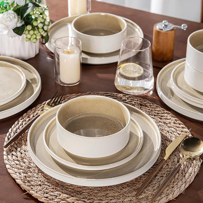 AmorArc Ceramic Dinnerware Sets, Handmade Reactive Glaze Stoneware Plates and Bowls Sets,Highly Chip and Crack Resistant | Dishwasher & Microwave Safe Dishes Set, Service for 4 (12pc)
