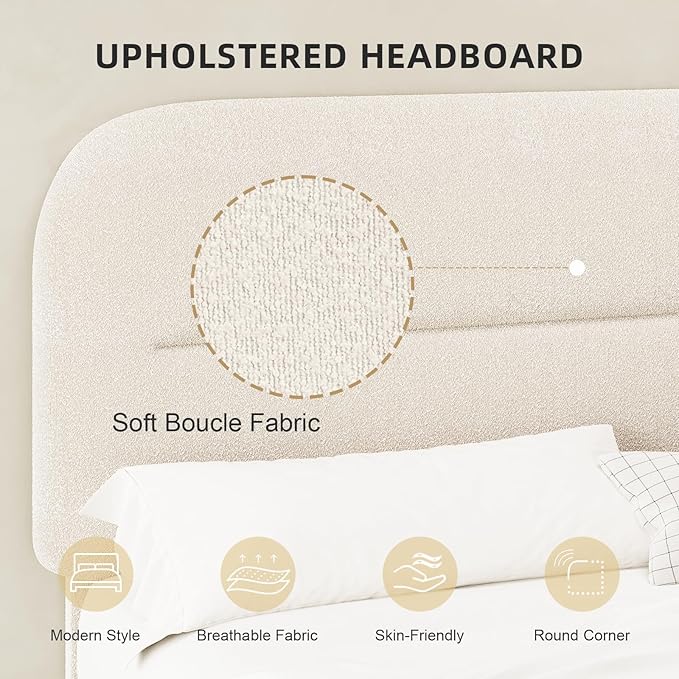 Full Size Boucle Bed Frame, Upholstered Full with Headboard, Soft BedFrame with Thickened Footboard, Soft Rounded Corners, No Box Spring Required, Easy Assembly, Cream