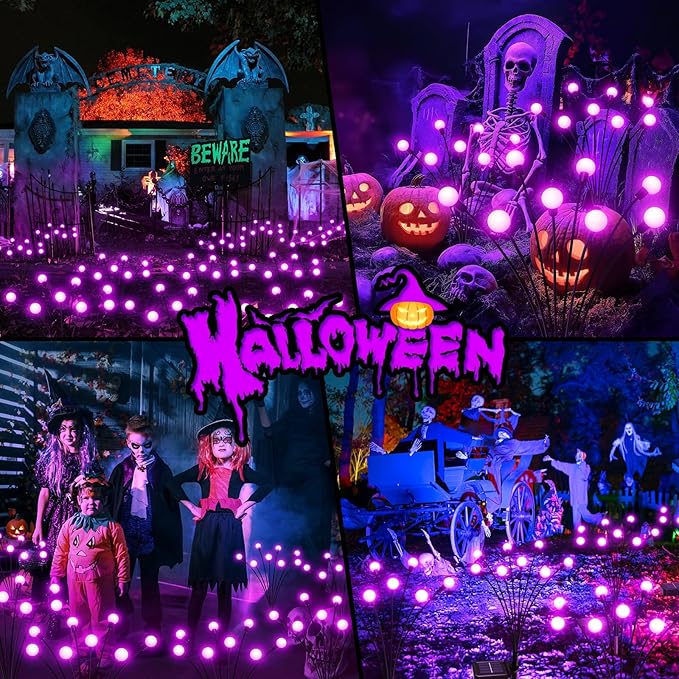 6Pack 48 LED Halloween Decorations Outdoor -LETMY Upgraded Swaying Solar Lights Outdoor, Waterproof Solar Firefly Lights Solar Halloween Lights for Pathway Yard Garden Decorations (Purple)