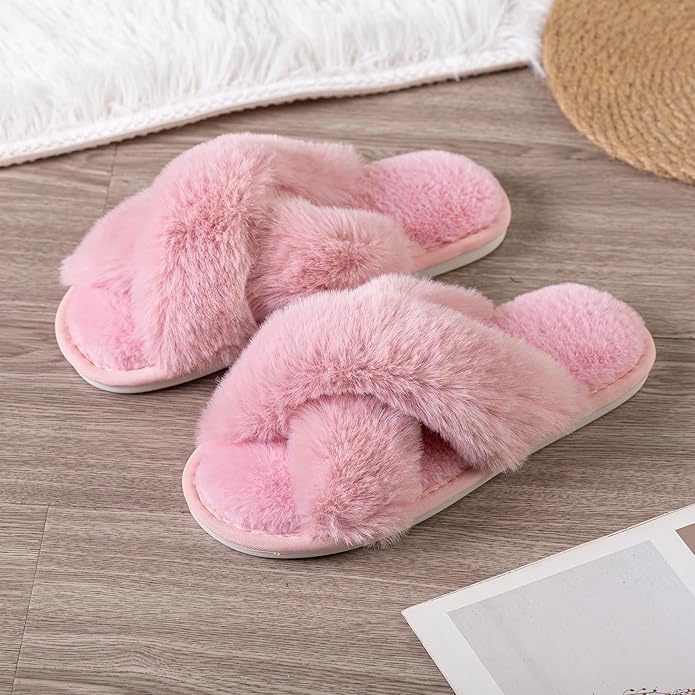 Women's Slipper Memory Foam Cross Band Fuzzy Slippers Open Toe Cozy House Slippers Cozy Plush Bedroom Indoor Outdoor
