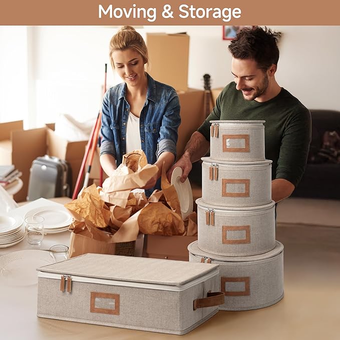 StorageWorks China Storage Containers, Hard Shell Storage Boxes for Plates, Mugs, Stemware Storage Cases, Holds up to 12 Place Settings, Foldable and Stackable Organizers, 5 Pack, Brown and Beige