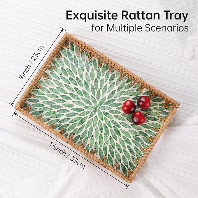 Rectangle Rattan Tray with Mother of Pearl Inlay, Rattan Serving Tray with Handle for Coffee, Bread, Fruits, Snacks, Decorative Wicker Tray for Table Decor (Rectangle Green Leaf, 13"×9")