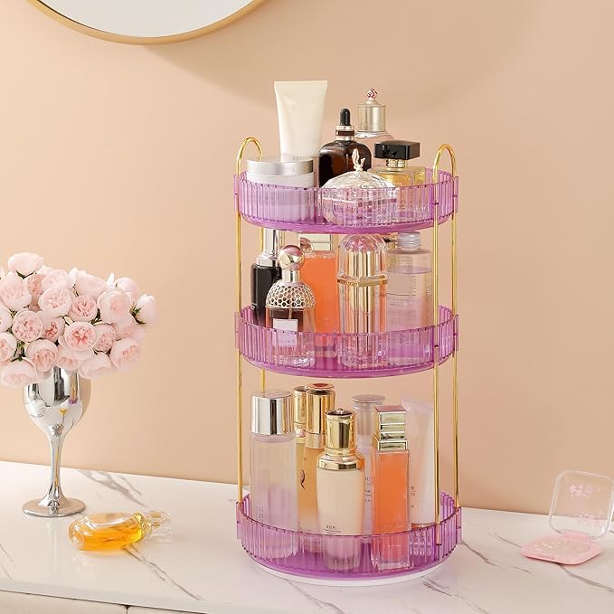 Aveniee Rotating Makeup Organizer for Vanity, Perfume Skincare Organizerss Large, Spinning Bathroom Counter Shelf Holder for Cosmetics, Skin Care, Lipsticks,3 Tiers, Purple