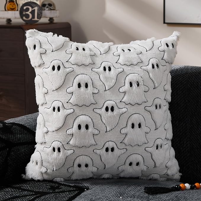 DFXSZ Halloween Pillow Covers 16x16 inch Set of 2 White Black Ghost Throw Pillow Cases Soft Plush Faux Fur Wool Cushion Case for Chair Bedroom Living Room Home Decor PTK03J16