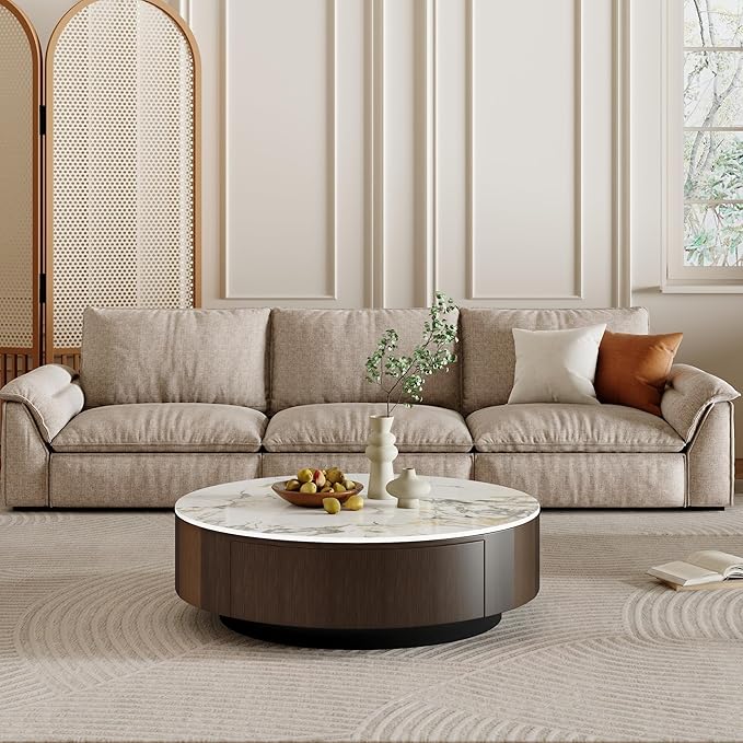 35.43" Modern Coffee Table for Living Room, Round Coffee Table with Storage Drawer, Sintered Stone Top with Metal Base, NO Assembly Living Room Table Tea Table for Home Office