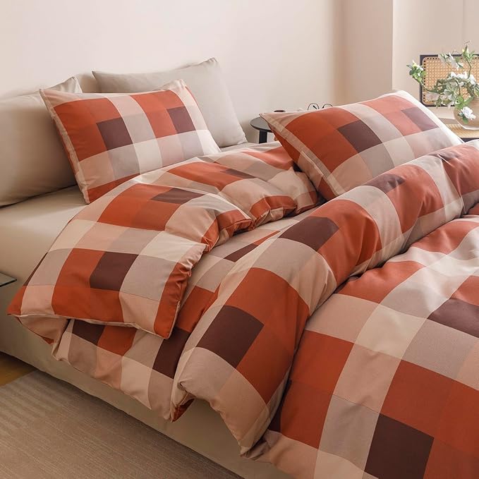CLOTHKNOW Plaid Queen Comforter Set Gingham Buffalo Bedding Comforter Sets Rust Brown Khaki Geometric Comforter Queen Sets with 2 x Pillow Cases