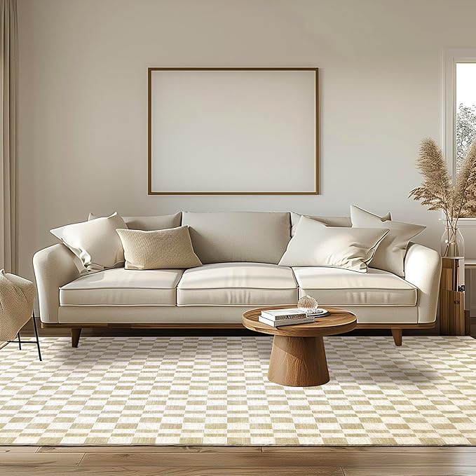 EVERGRACE Checkered Plaid Area Rug, Soft Faux Wool, 8x10, Washable, Anti Slip, Large Carpet for Entryway, Bedroom, Living Room, Hallway, Kitchen, Dining Room, Laundry, Beige