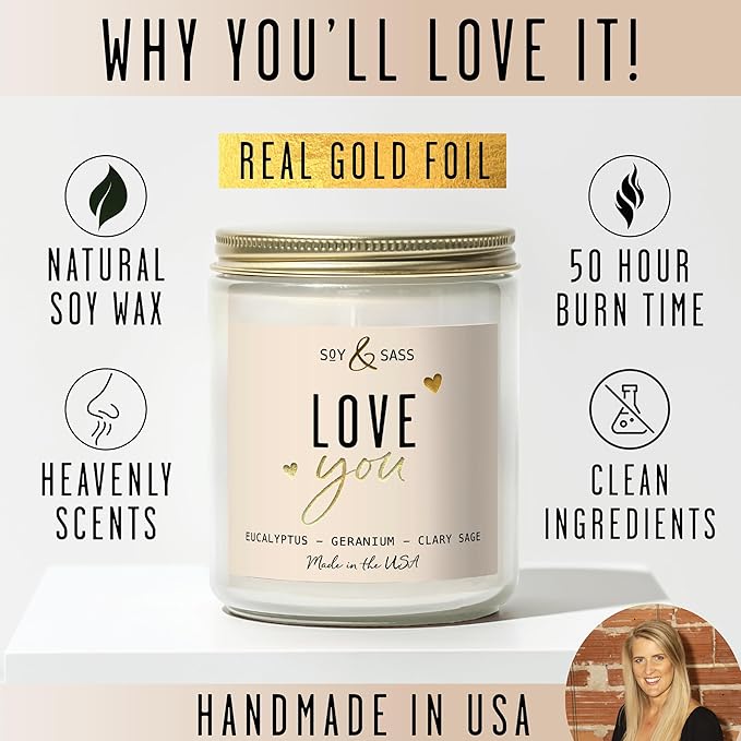 Valentines Day Gifts for Her, Valentine Candles -I Love You Candle, w/Eucalyptus & Geranium I I Love You Gifts for Her I Valentines Day Candle for Wife, Girlfriend I 9oz, 50Hr Burn, USA Made