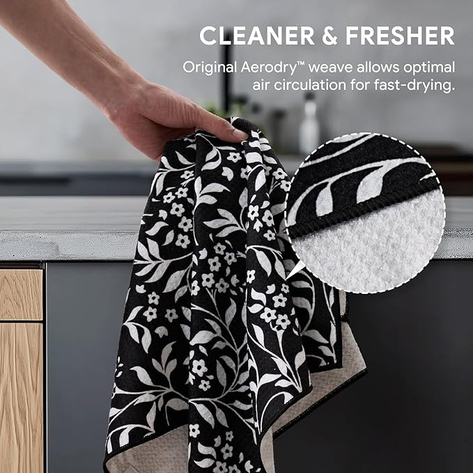 RECYCO Waffle Kitchen Towels Set of 2 Quick Dry Microfiber Sustainable Lightweight Hand Towels Black White Florals 16x28