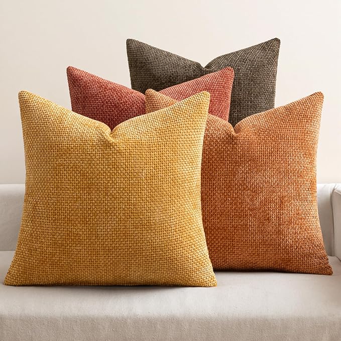 MIULEE Pack of 4 Fall Orange/Yellow Throw Pillow Covers 18x18 Inch Halloween Soft Decorative Chenille Pillows Farmhouse Accent Cushions for Boho Home Decor Spring Bedroom Living Room