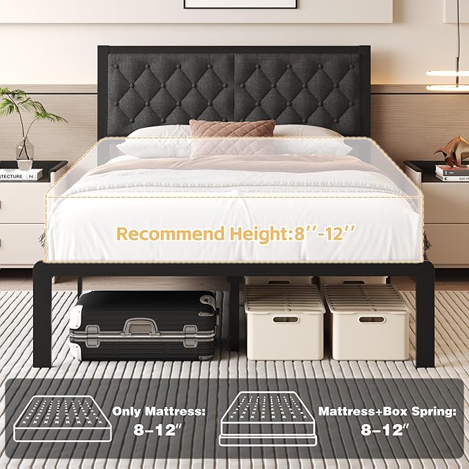 Full Bed Frame with Headboard Linen Upholstered Bed Frame Platform,All Metal Slats Support Platform Bed Frame with Storage Space,Easy Assembly,Noise Free,No Box Spring Needed,Grey