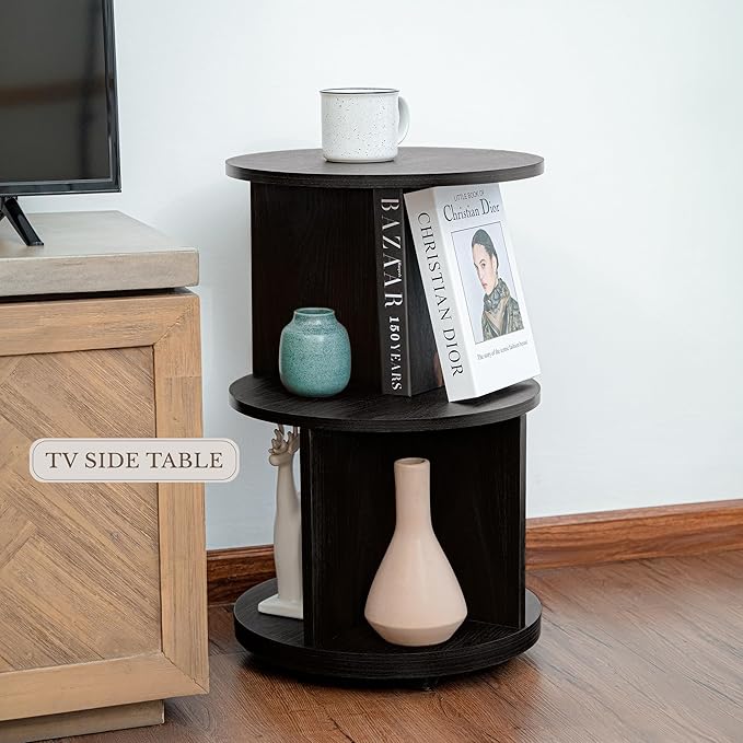 KAYMILY Round End Tables, Mid Century Modern 3 Tier Side Table for Living Room, Bedroom, Office, 25" Tall Accent Nightstand with Open Storage Shelves, Easy Assembly, MDF Wood - Rotating - Black