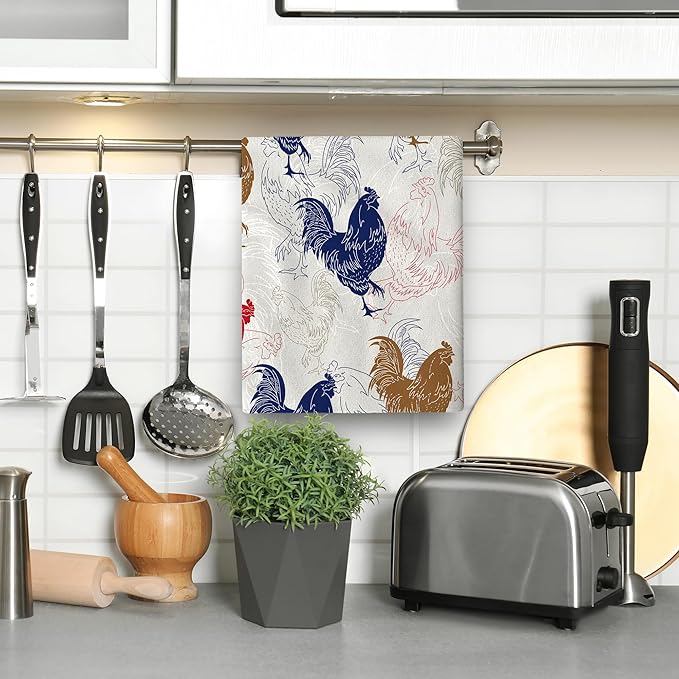 Rooster Chicken Kitchen Towels Set of 2 Absorbent Hand Towels 16x24 Inch Dish Towels Farmhouse