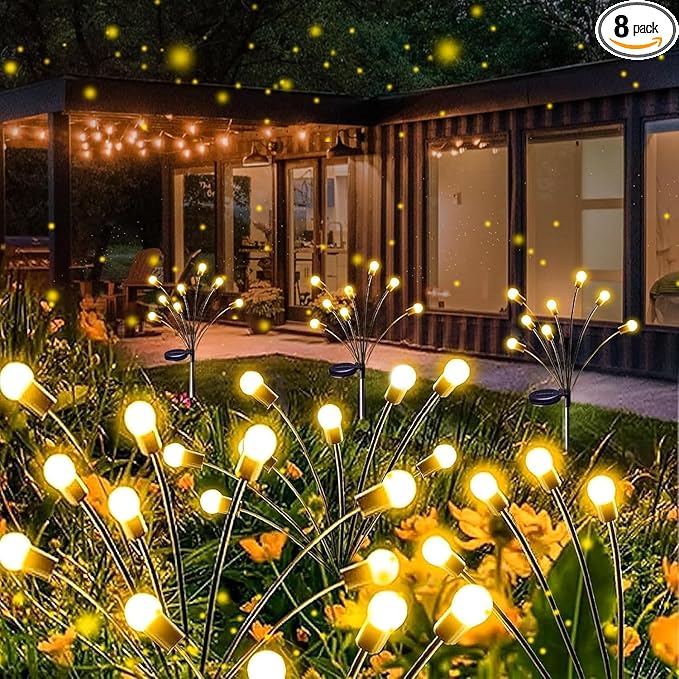 Solar Garden Lights, 8 Pack 64LED Solar Firefly Lights, Waterproof Garden Light Outdoor with 2 Lighting Modes, Swaying Light for Outside Yard, Walkway, Patio, Lawn, Flower Bed Decoration (Warm White)