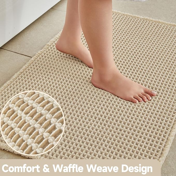 Pale Beige Long Bathroom Rug, Waffle Runner Rug Bathroom Non Slip Washable Super Absorbent Quick Dry Boho Farmhouse Bath Mat, 60''x24'' Pale Beige