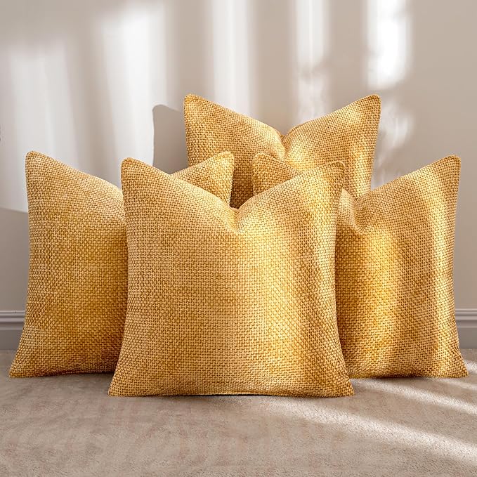MIULEE Pack of 4 Throw Pillow Covers 18x18 Inch Gold Soft Decorative Chenille Pillow Covers Farmhouse Accent Cushion Covers for Boho Home Decor Bedroom Living Room