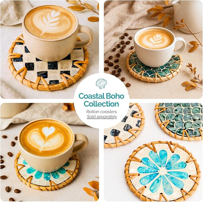 JUNGLE CULTURE Rattan Serving Tray 12" with Mother of Pearl Inlay • Coastal Boho Collection • Handcrafted Woven with Handles for Home • Round Dining Tray • Wicker Serving Basket – Ripple