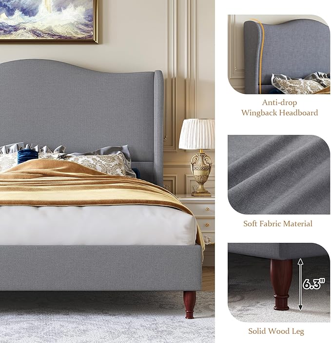 Queen Bed Frame Upholstered Platform Bed with 51" Tall Headboard Wingback, Soft Fabric, Retro Simple Style No Box Spring Needed, Easy Assembly, Grey