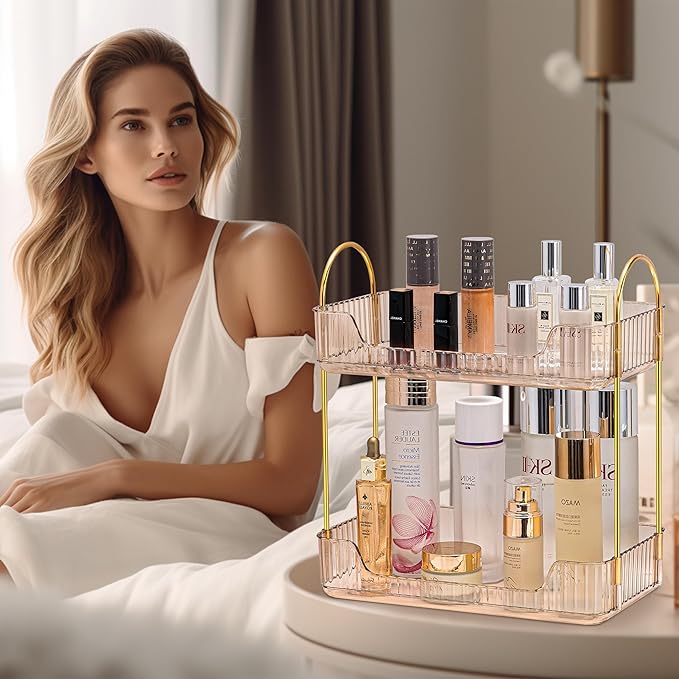 2 Tier Bathroom Organizer Countertop Makeup Perfume Skincare Organizer for Bathroom Dresser Vanity (Gold)
