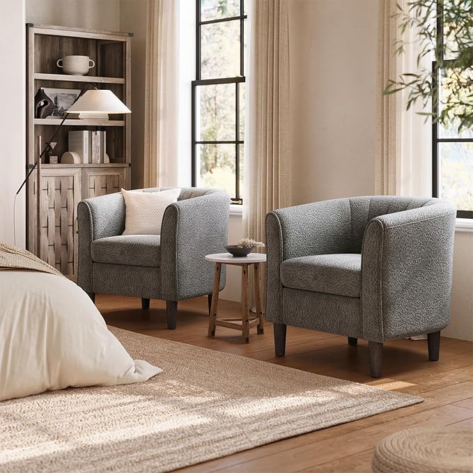 LINSY Accent Chair Ottoman Set: Chenille Barrel Chair with Foot Rest, Mid-Century Modern Small Reading Chair Upholstered Armchair with Footrest for Living Room Bedroom Study Room Office