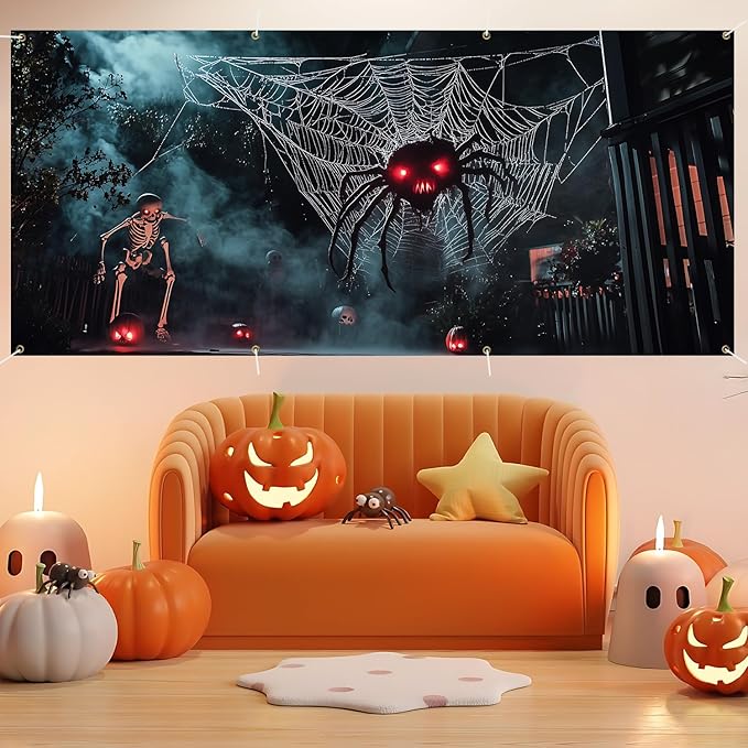 6 x 13 ft Halloween Garage Door Decorations Halloween decorations Witch Door Cover, Hanging Banner, Cauldron Backdrop Mural for Home, Outdoor, Indoor, Spooky Party, Wall, Window (Spider)
