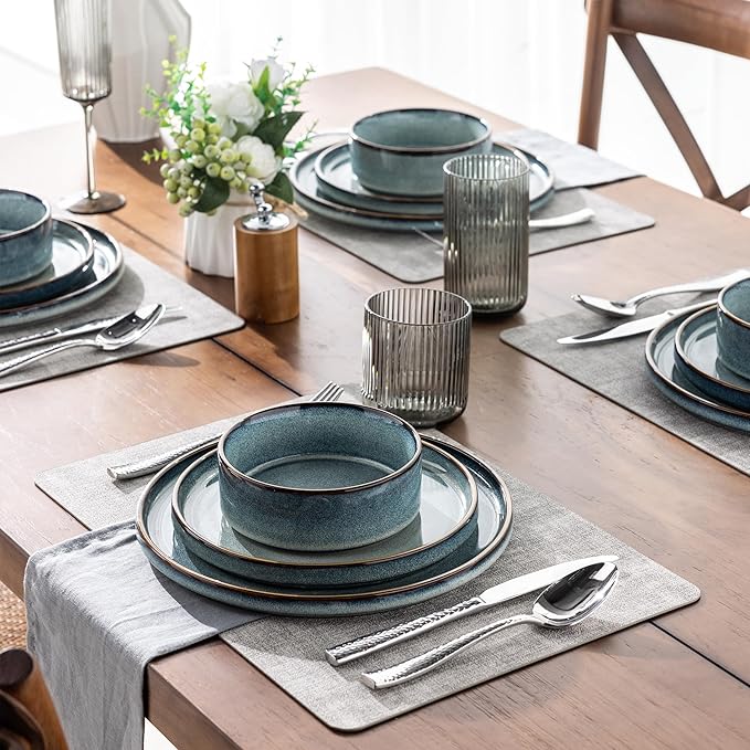 GBHOME Ceramic Dinnerware Sets With Double Bowl for 4, 16 Pieces Stoneware Plates and Bowls Set, Reactive Glaze Dishes -Scratch Resistant, Dishwasher&Microwave Safe