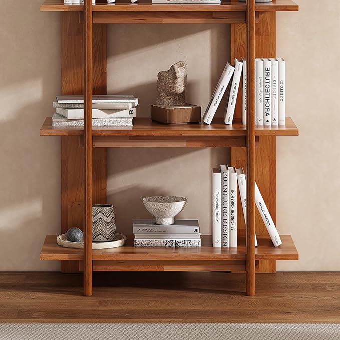 Merax 4 Shelf Narrow Bookcase H-70 L-33 Acacia Wood Open Bookshelf, Contemporary Farmhouse Style Display Storage Shelf for Home Office Studio, Teak Finish