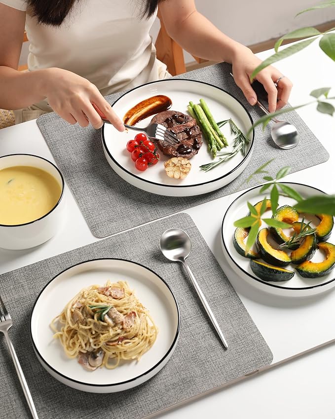 Sweejar Porcelain Dinnerware Sets for 6, 18 Pieces Ceramic Plates and Bowls Set, Classic Modern Simple Kitchen Dinner Dining Ware Set, Dishwasher and Microwave Safe Dishes Sets(Pure White-Black Rim)