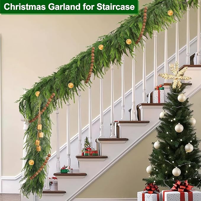 6Ft by 10 Inch Christmas Norfolk Pine Garland-Real Touch Garlands with Norfolk Pine&Cedar Branches,Realistic Soft Thick Artificial Faux Greenery Garland for Christmas Decorations Mantle Indoor Outdoor