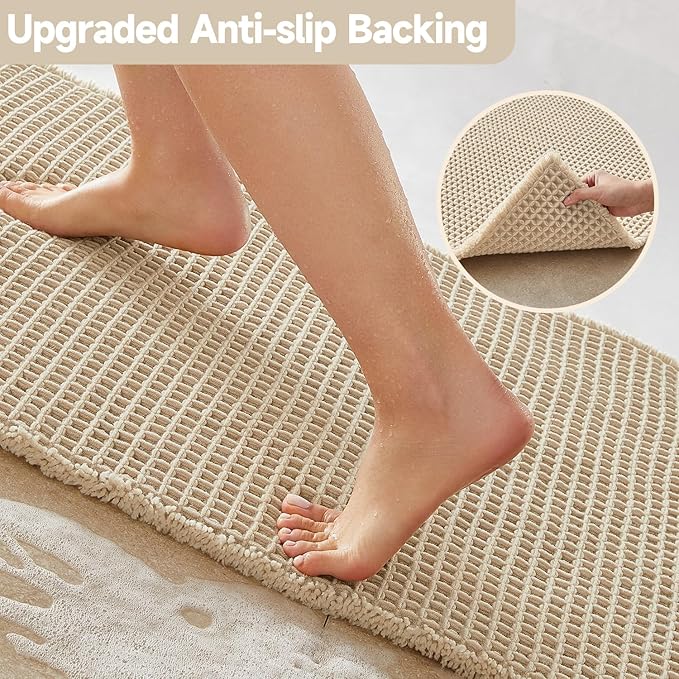 Pale Beige Long Bathroom Rug, Waffle Runner Rug Bathroom Non Slip Washable Super Absorbent Quick Dry Boho Farmhouse Bath Mat, 60''x24'' Pale Beige