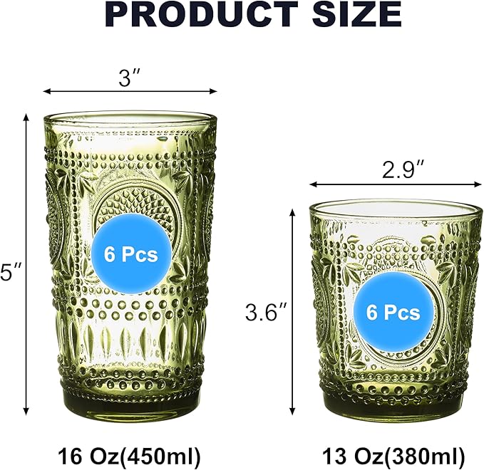 Green Drinking Glasses Set of 12, 16 Oz Highball & 13 Oz Cocktail Glasses, Green Kitchen Vintage Glassware Set, Floral Embossed Glass Tumbler Cups for Water, Beer, Juice, Whiskey, Coffee