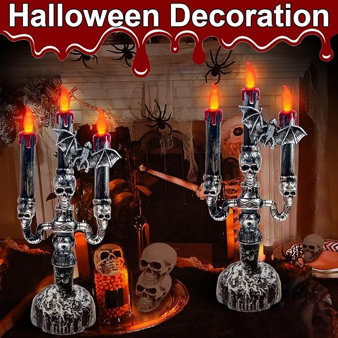 TURNMEON 2 Pack Halloween Decorations Halloween Candles LED Candelabra 3 Flickering Lamp Light Up Battery Operated Candles Holder Flame Less Bat Decor Indoor Table Home Party