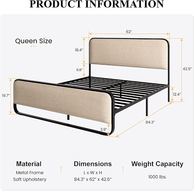 SHA CERLIN Queen Size Platform Metal Bed Frame with Curved Upholstered Headboard and Footboard, Large Under Bed Storage, No Box Spring Needed, Modern, Beige