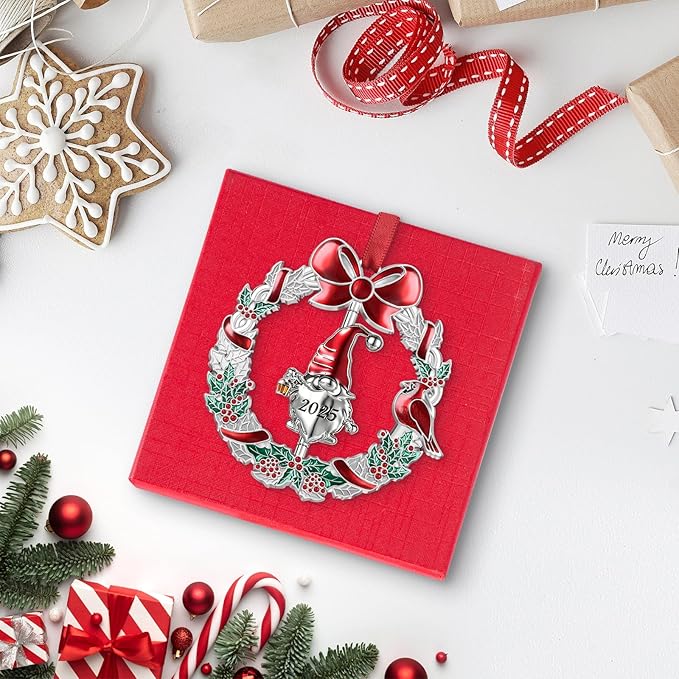 Christmas Ornament 2025 for Xmas Tree Decorations - 2025 Santa Gnome Christmas Wreath Ornament with Rotatable Gnome for Holiday Decoration Keepsake Gift