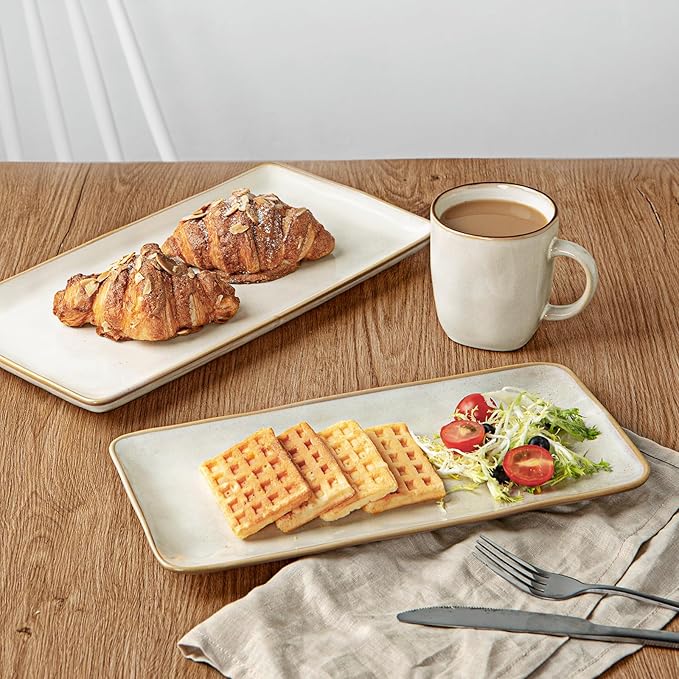 famiware Serving Platter, Rectangular 15.67/14.1/12.6inch Serving Dishes for Entertaining, Microwave Dishwasher Safe, Stoneware for Party, Turkey, Cheese, Ocean Series, Cappuccino White
