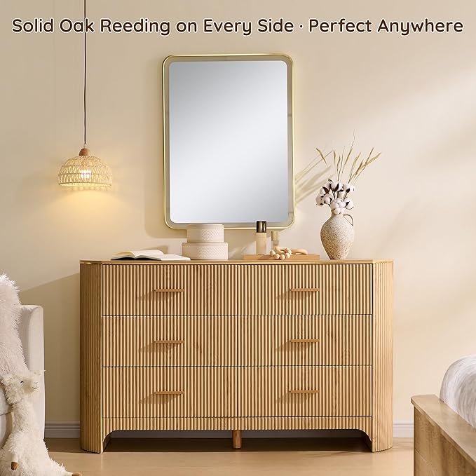 Fluted 6 Drawer Dresser for Bedroom with Curved Profile Design,53.9" W Chest of Drawers with Reeded Texture,Wide Storage Cabinet with Smooth-Glide Drawers,gold metal handle or Living Room,Natural Oak