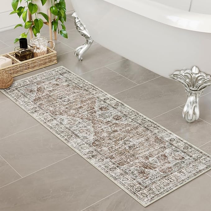Uphome Bathroom Runner Rug, Distressed Farmhouse Boho Khaki Bath Mat, Non Slip Washable Long Bath Rugs, Vintage Traditonal Soft Velvet Bathroom Runner for Bathtub Sink Shower, 18x47 inch