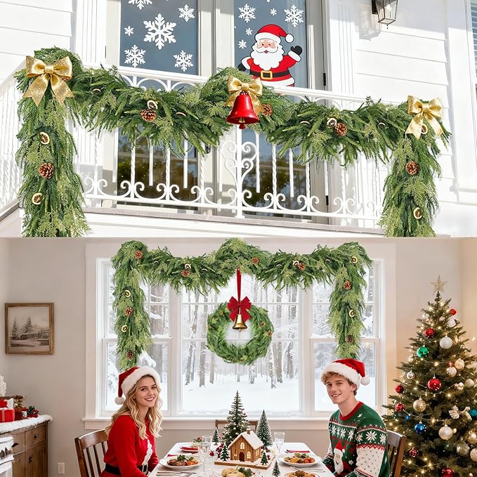 Extra Thick&Lush-9 Ft by 10 Inch Real Touch Norfolk Pine Garland,Christmas Garland Artificial Realistic Soft Thickness Greenery Pine Cypress Pinecones Garlands for Mantle Fireplace Home Indoor Outdoor