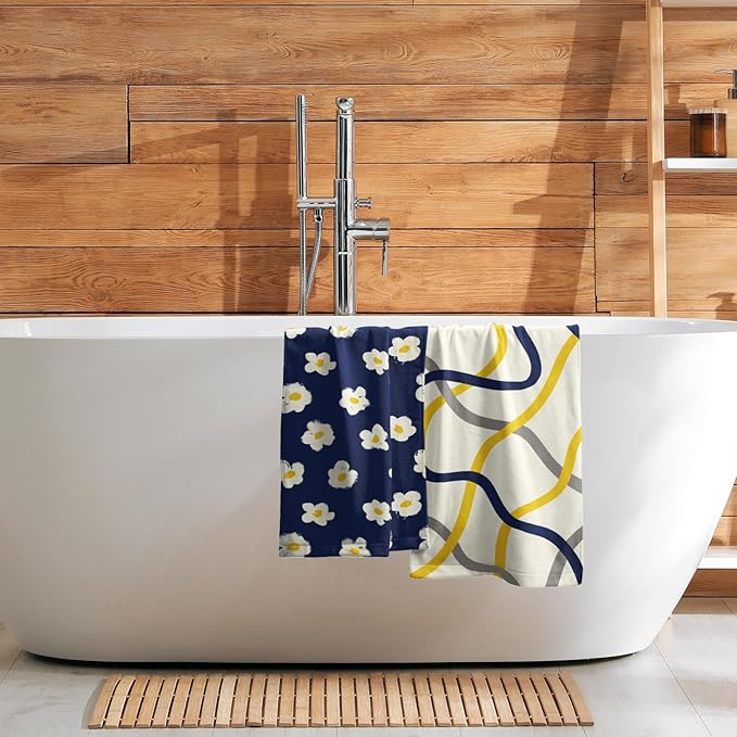 Modern Kitchen Towels Set of 2 Navy Yellow Grey Geometric Stripe Microfiber