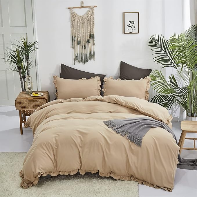 CLOTHKNOW Taupe Ruffles Queen Comforter Set Farmhouse Bedding Comforter Sets Soft Tan Comforter Khaki Comforter with 2 x Pillow Cases