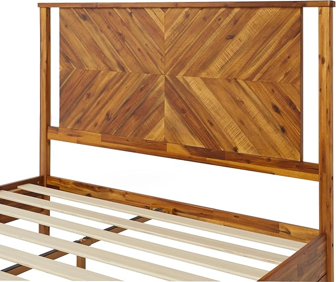 Bme Vivian 14 Inch Deluxe Bed Frame with Headboard, Rustic & Scandinavian Style with Solid Acacia Wood, No Box Spring Needed, 12 Strong Wood Slat Support, Easy Assembly, Queen, Rustic Golden Brown