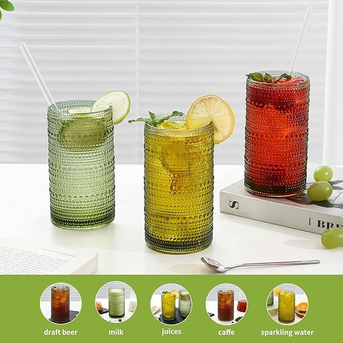 Vintage Glassware Drinking Glasses Set of 6,16oz Hobnail Glass Cups,Embossed Green Water Tumbler,for Cocktail, Juice, Whiskey, Milk and Various Mixed Drinks