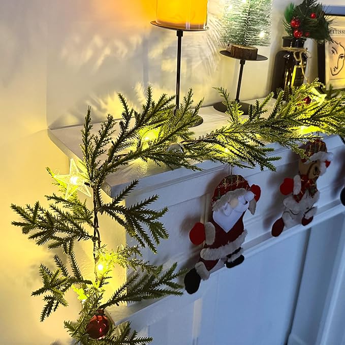 6 FT Artificial Christmas Pine Garland, Battery Operated 20 Warm Lights with Timer, Faux Greenery Spruce with Red Gold Ornaments and Stars, Holiday Decoration for Mantel Stair Doorway